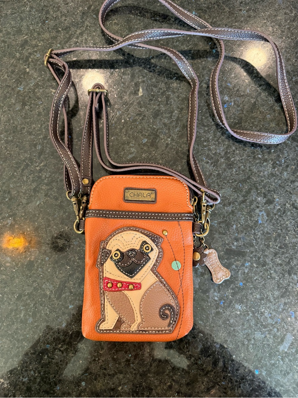Chala Orange Pug Appliqué Crossbody Phone Bag